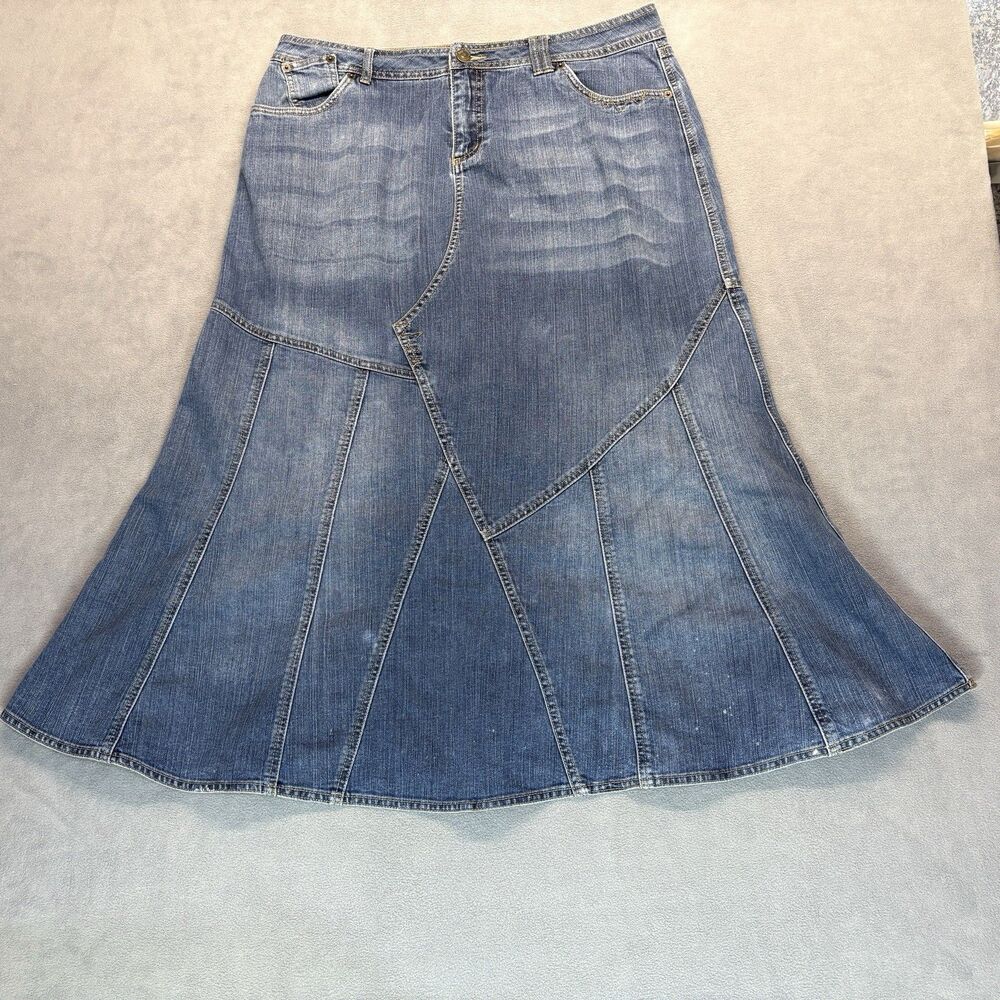 Gitano Size 16 Modest Denim Skirt Blue Stretch Panel Flared A-Line Maxi Pockets